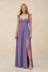 Ruffled Sleeve A-Line Corset Chiffon Bridesmaid Dress in Tahiti | KISSBRIDAL