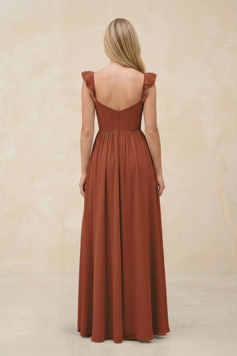Ruffled Sleeve A-Line Corset Chiffon Bridesmaid Dress in Terracotta