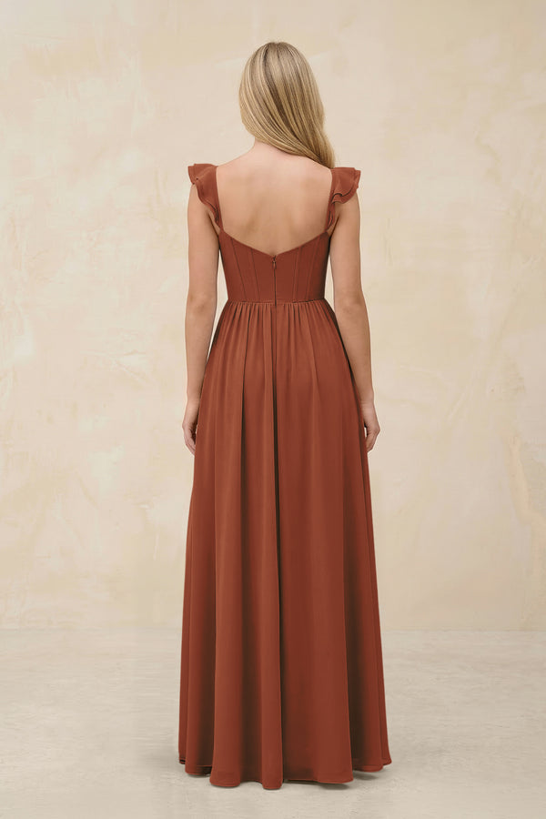 Ruffled Sleeve A-Line Corset Chiffon Bridesmaid Dress in Terracotta (2) | KISSBRIDAL