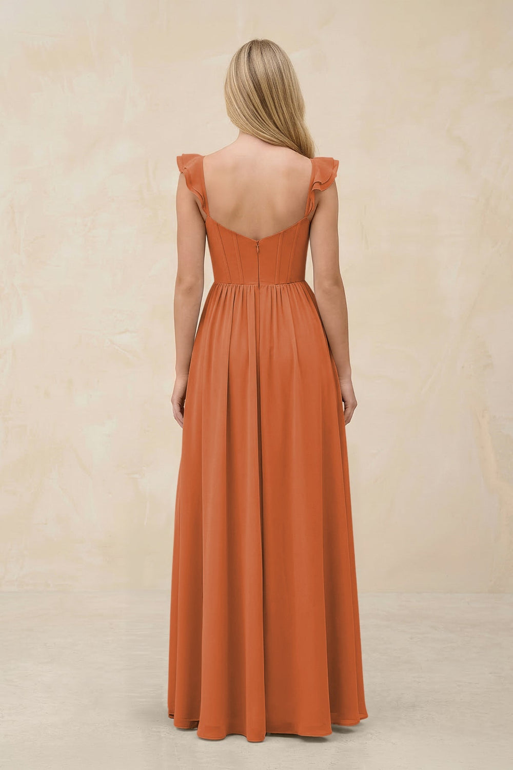 Ruffled Sleeve A - Line Corset Chiffon Bridesmaid Dress in Terracotta - KISS BRIDAL Bridesmaid Dresses