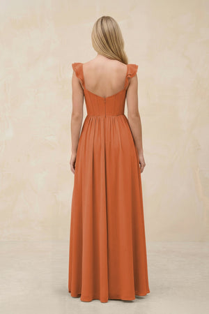 Ruffled Sleeve A - Line Corset Chiffon Bridesmaid Dress in Terracotta - SHE IS ME Bridesmaid Dresses
