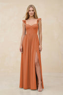 Ruffled Sleeve A - Line Corset Chiffon Bridesmaid Dress in Terracotta - SHE IS ME Bridesmaid Dresses