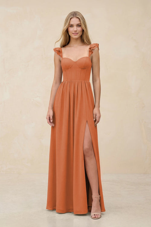 Ruffled Sleeve A - Line Corset Chiffon Bridesmaid Dress in Terracotta - SHE IS ME Bridesmaid Dresses