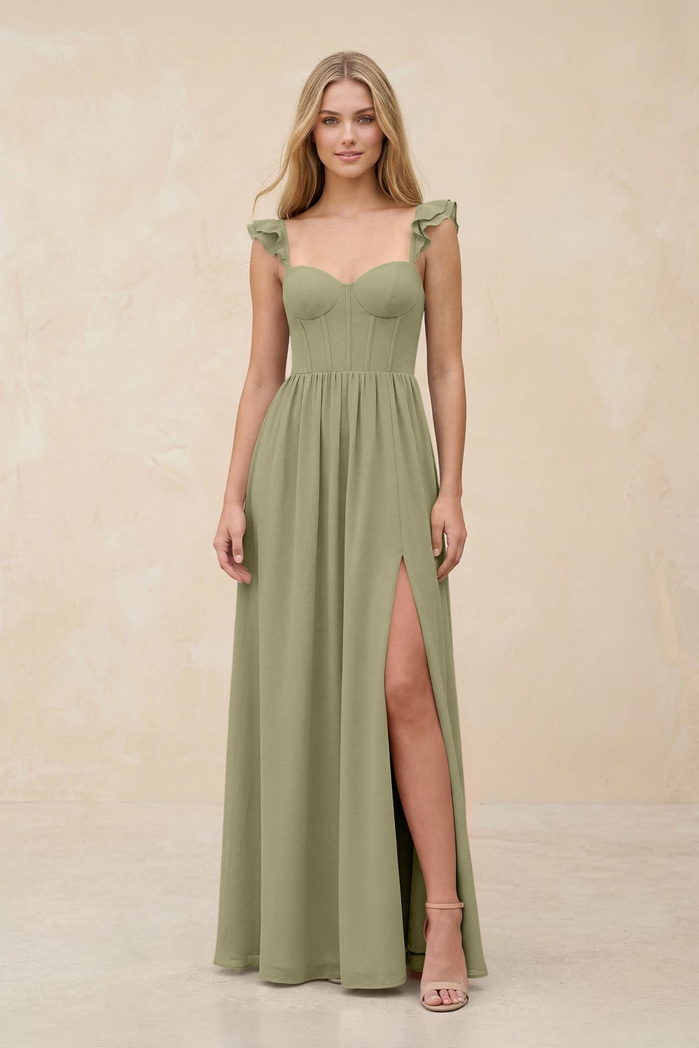 Ruffled Sleeve A - Line Corset Chiffon Bridesmaid Dress in Thyme - KISS BRIDAL Bridesmaid Dresses