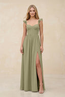 Ruffled Sleeve A - Line Corset Chiffon Bridesmaid Dress in Thyme - SHE IS ME Bridesmaid Dresses