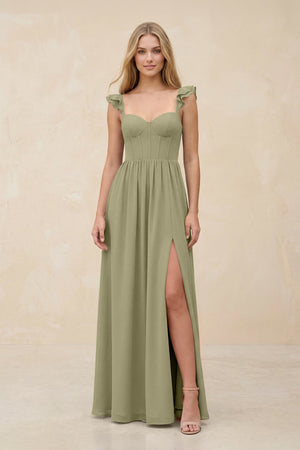 Ruffled Sleeve A - Line Corset Chiffon Bridesmaid Dress in Thyme - SHE IS ME Bridesmaid Dresses