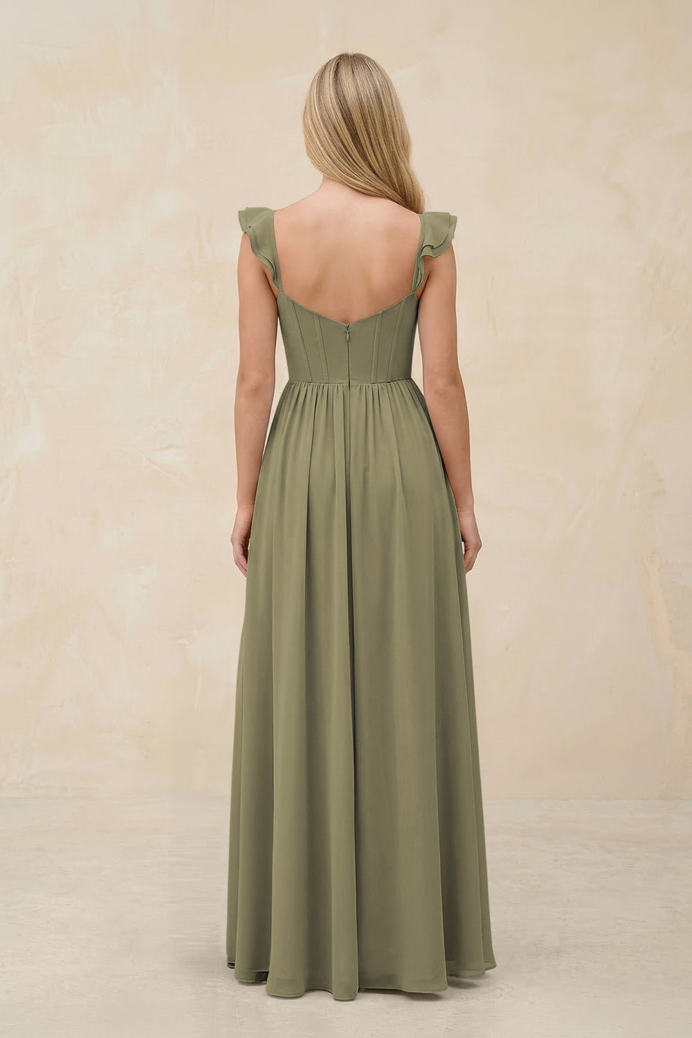Ruffled Sleeve A-Line Corset Chiffon Bridesmaid Dress in Thyme