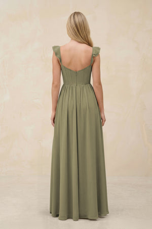 Ruffled Sleeve A-Line Corset Chiffon Bridesmaid Dress in Thyme (2) | KISSBRIDAL