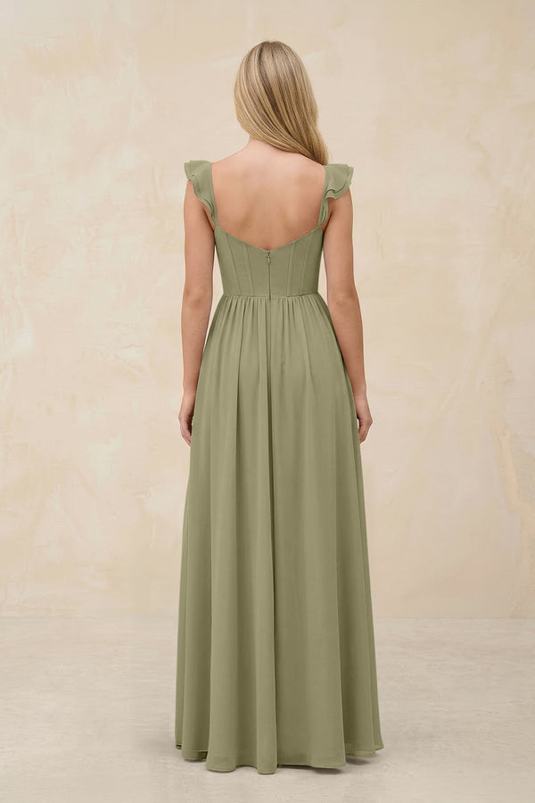 Ruffled Sleeve A - Line Corset Chiffon Bridesmaid Dress in Thyme - SHE IS ME Bridesmaid Dresses