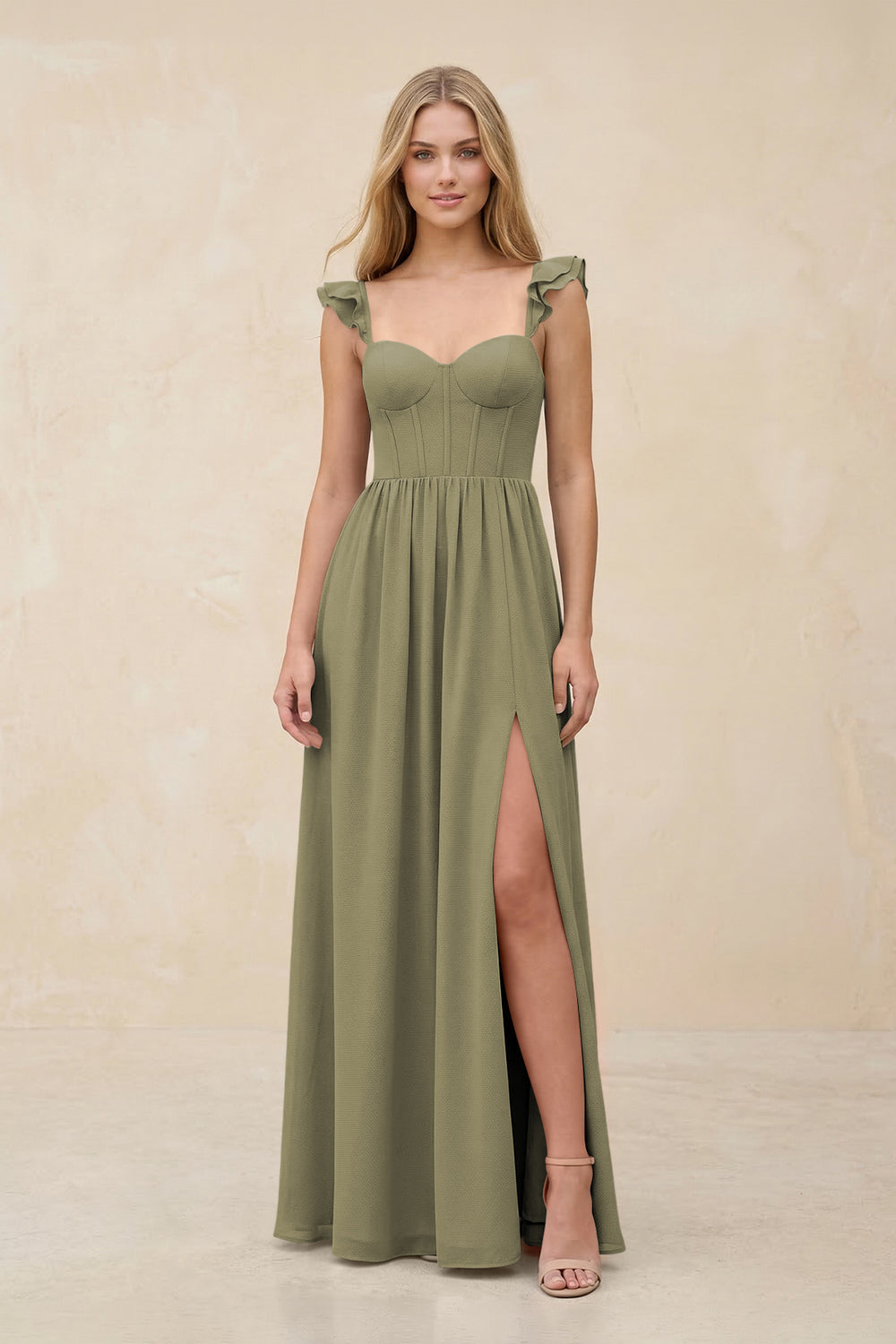 Ruffled Sleeve A-Line Corset Chiffon Bridesmaid Dress in Thyme