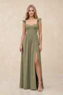 Ruffled Sleeve A-Line Corset Chiffon Bridesmaid Dress in Thyme | KISSBRIDAL