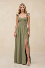 Ruffled Sleeve A-Line Corset Chiffon Bridesmaid Dress in Thyme | KISSBRIDAL