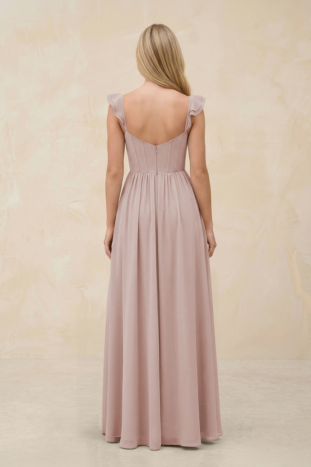 Ruffled Sleeve A-Line Corset Chiffon Bridesmaid Dress in Toffee