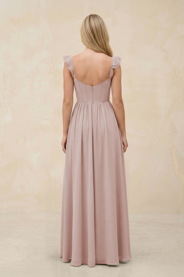 Ruffled Sleeve A-Line Corset Chiffon Bridesmaid Dress in Toffee (2) | KISSBRIDAL