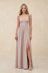 Ruffled Sleeve A-Line Corset Chiffon Bridesmaid Dress in Toffee | KISSBRIDAL