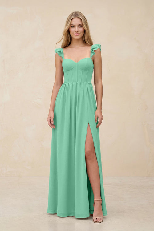Ruffled Sleeve A - Line Corset Chiffon Bridesmaid Dress in Turquoise - SHE IS ME Bridesmaid Dresses