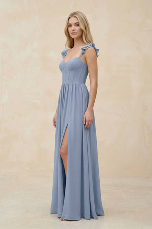 Ruffled Sleeve A - Line Corset Chiffon Bridesmaid Dress in Twilight - KISS BRIDAL Bridesmaid Dresses