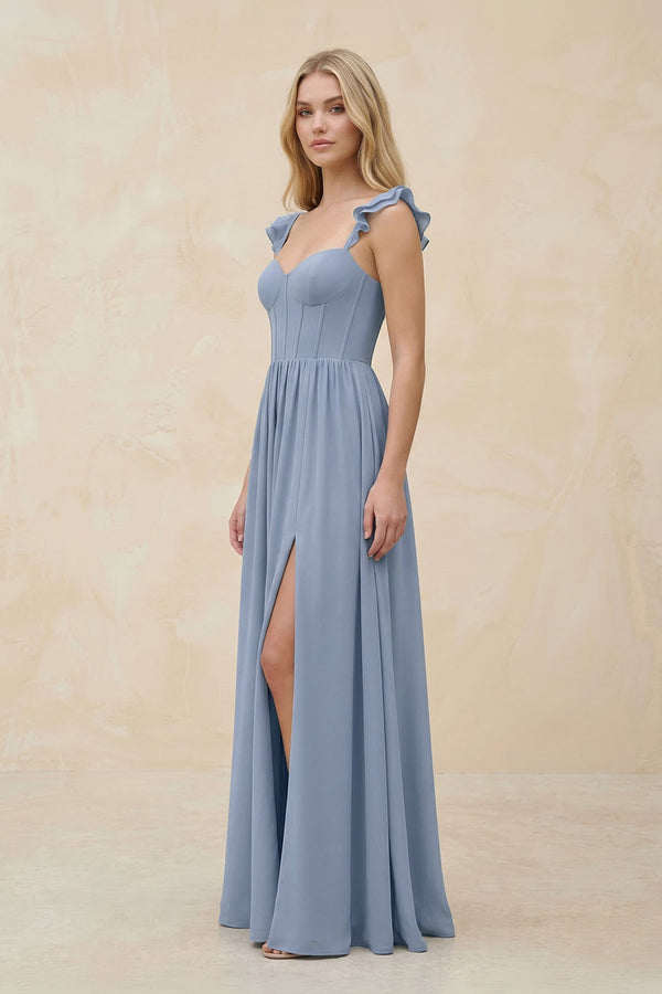 Ruffled Sleeve A - Line Corset Chiffon Bridesmaid Dress in Twilight - KISS BRIDAL Bridesmaid Dresses