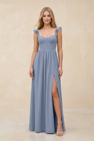 Ruffled Sleeve A - Line Corset Chiffon Bridesmaid Dress in Twilight - KISS BRIDAL Bridesmaid Dresses