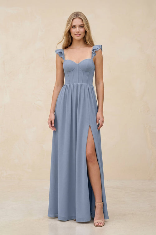 Ruffled Sleeve A - Line Corset Chiffon Bridesmaid Dress in Twilight - KISS BRIDAL Bridesmaid Dresses