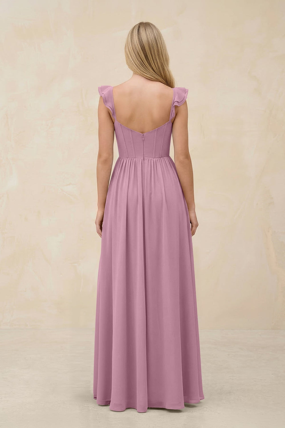 Ruffled Sleeve A - Line Corset Chiffon Bridesmaid Dress in Vintage Mauve - KISS BRIDAL Bridesmaid Dresses