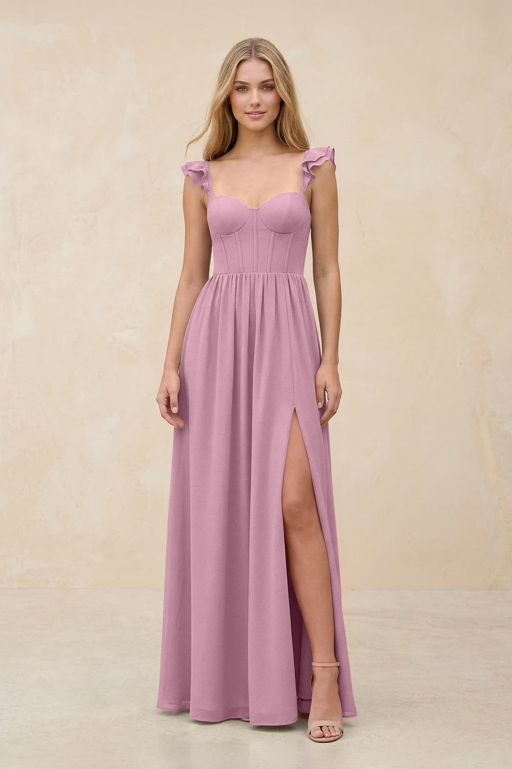 Ruffled Sleeve A - Line Corset Chiffon Bridesmaid Dress in Vintage Mauve - KISS BRIDAL Bridesmaid Dresses