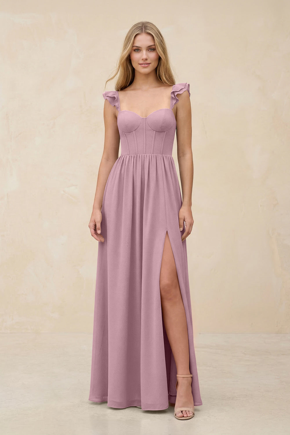 Ruffled Sleeve A-Line Corset Chiffon Bridesmaid Dress in Vintage Mauve