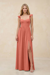 Ruffled Sleeve A - Line Corset Chiffon Bridesmaid Dress in Wild Rose - KISS BRIDAL Bridesmaid Dresses