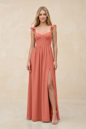 Ruffled Sleeve A - Line Corset Chiffon Bridesmaid Dress in Wild Rose - SHE IS ME Bridesmaid Dresses