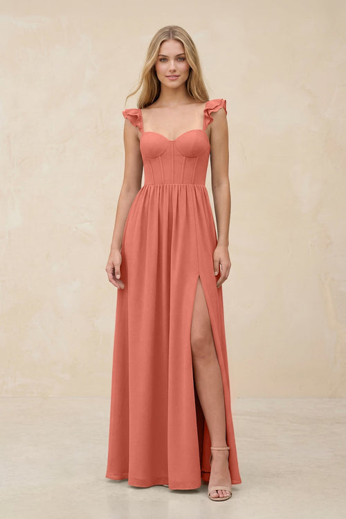 Ruffled Sleeve A - Line Corset Chiffon Bridesmaid Dress in Wild Rose - SHE IS ME Bridesmaid Dresses
