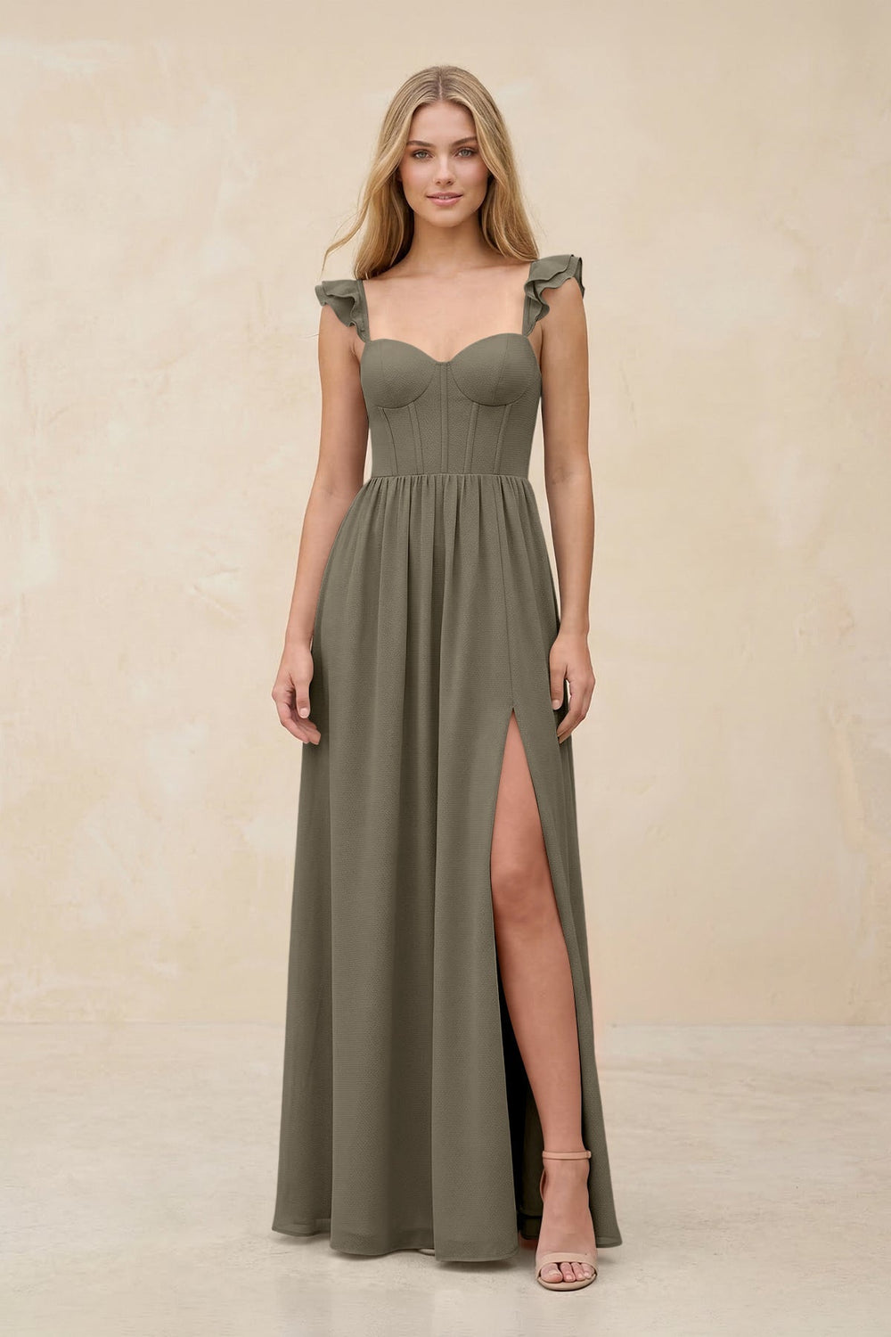 Ruffled Sleeve A - Line Corset Chiffon Bridesmaid Dress in Willow Green - KISS BRIDAL Bridesmaid Dresses