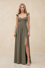 Ruffled Sleeve A - Line Corset Chiffon Bridesmaid Dress in Willow Green - KISS BRIDAL Bridesmaid Dresses