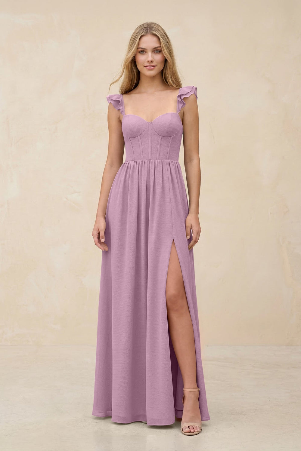 Ruffled Sleeve A - Line Corset Chiffon Bridesmaid Dress in Wisteria - KISS BRIDAL Bridesmaid Dresses