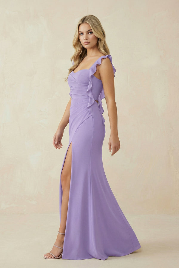 Ruffled Sleeve Ruched Sheath Chiffon Bridesmaid Dress in Lavender - SHE IS ME BRIDESMAID DRESSES