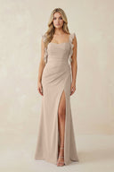 Ruffled Sleeve Ruched Sheath Chiffon Bridesmaid Dress in Almond - SHE IS ME BRIDESMAID DRESSES