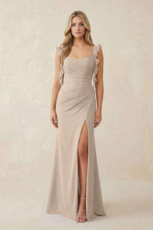 Ruffled Sleeve Ruched Sheath Chiffon Bridesmaid Dress in Almond - SHE IS ME BRIDESMAID DRESSES
