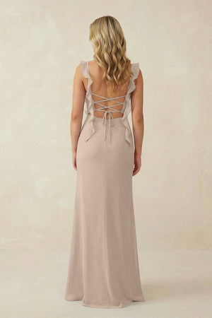 Ruffled Sleeve Ruched Sheath Chiffon Bridesmaid Dress in Almond - SHE IS ME BRIDESMAID DRESSES