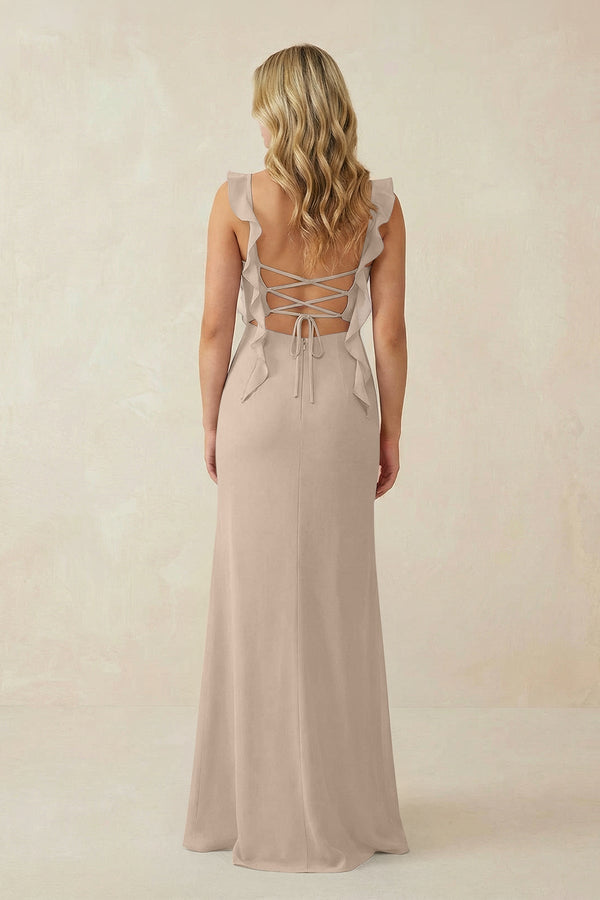 Ruffled Sleeve Ruched Sheath Chiffon Bridesmaid Dress in Almond - SHE IS ME BRIDESMAID DRESSES