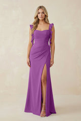 Ruffled Sleeve Ruched Sheath Chiffon Bridesmaid Dress in Amethyst - KISS BRIDAL BRIDESMAID DRESSES