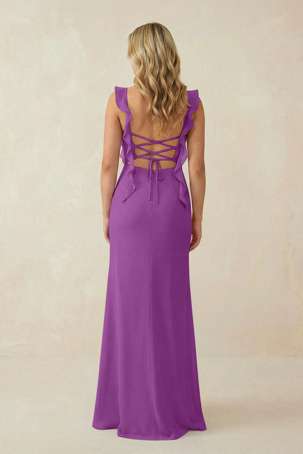 Ruffled Sleeve Ruched Sheath Chiffon Bridesmaid Dress in Amethyst - SHE IS ME BRIDESMAID DRESSES