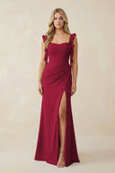 Ruffled Sleeve Ruched Sheath Chiffon Bridesmaid Dress in Berry - SHE IS ME BRIDESMAID DRESSES