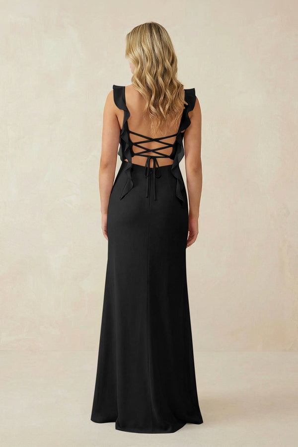 Ruffled Sleeve Ruched Sheath Chiffon Bridesmaid Dress in Black - SHE IS ME BRIDESMAID DRESSES