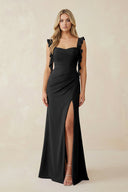 Ruffled Sleeve Ruched Sheath Chiffon Bridesmaid Dress in Black - SHE IS ME BRIDESMAID DRESSES