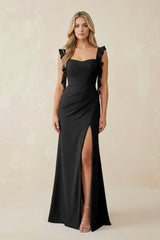 Ruffled Sleeve Ruched Sheath Chiffon Bridesmaid Dress in Black - KISS BRIDAL BRIDESMAID DRESSES
