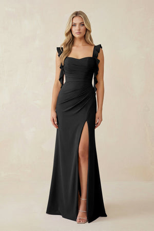 Ruffled Sleeve Ruched Sheath Chiffon Bridesmaid Dress in Black - SHE IS ME BRIDESMAID DRESSES