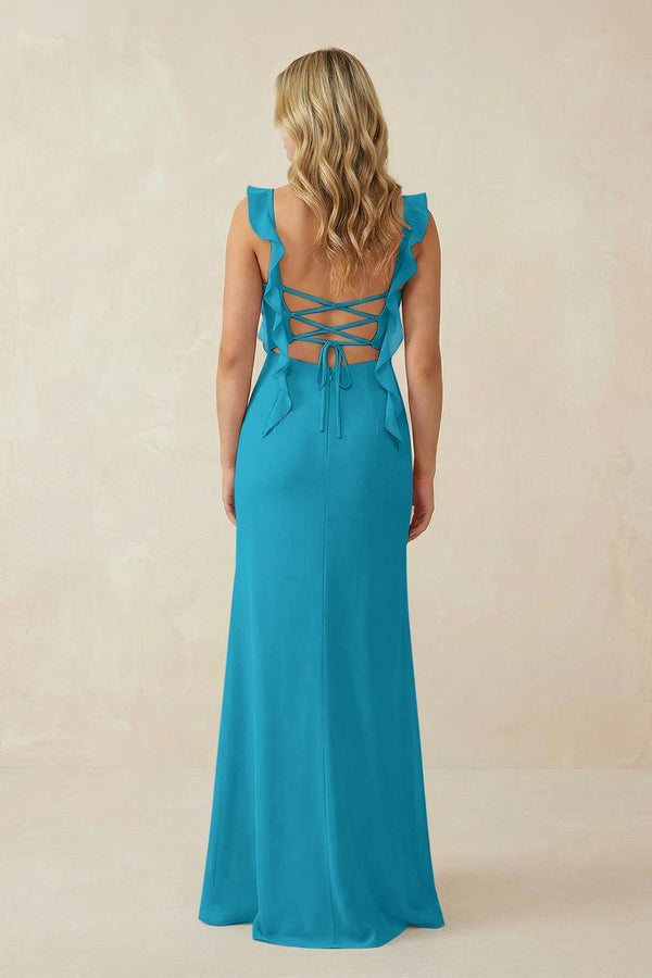 Ruffled Sleeve Ruched Sheath Chiffon Bridesmaid Dress in Blue Jay - SHE IS ME BRIDESMAID DRESSES