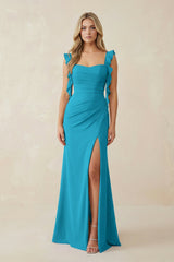Ruffled Sleeve Ruched Sheath Chiffon Bridesmaid Dress in Blue Jay - KISS BRIDAL BRIDESMAID DRESSES