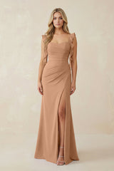 Ruffled Sleeve Ruched Sheath Chiffon Bridesmaid Dress in Bronzer - KISS BRIDAL BRIDESMAID DRESSES