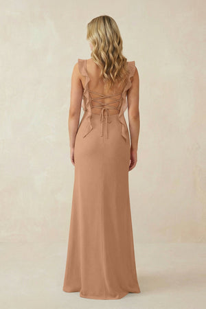 Ruffled Sleeve Ruched Sheath Chiffon Bridesmaid Dress in Bronzer - SHE IS ME BRIDESMAID DRESSES