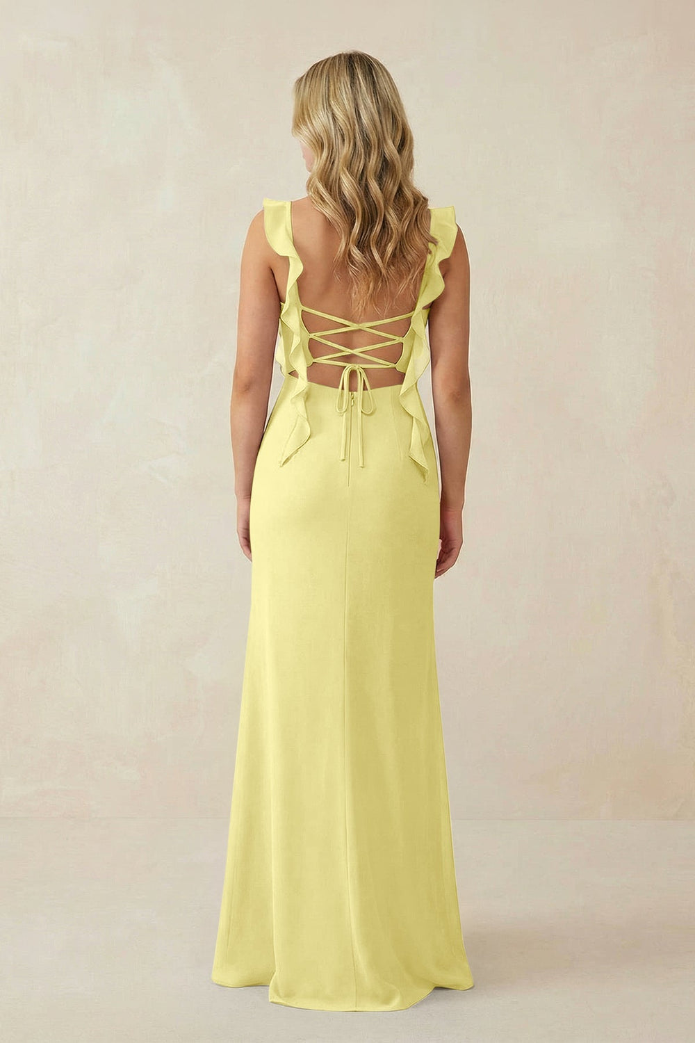 Ruffled Sleeve Ruched Sheath Chiffon Bridesmaid Dress in Buttercup - KISS BRIDAL BRIDESMAID DRESSES